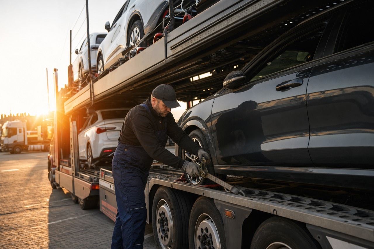 Vairuotojas tvirtina automobilį ant autovežio platformos