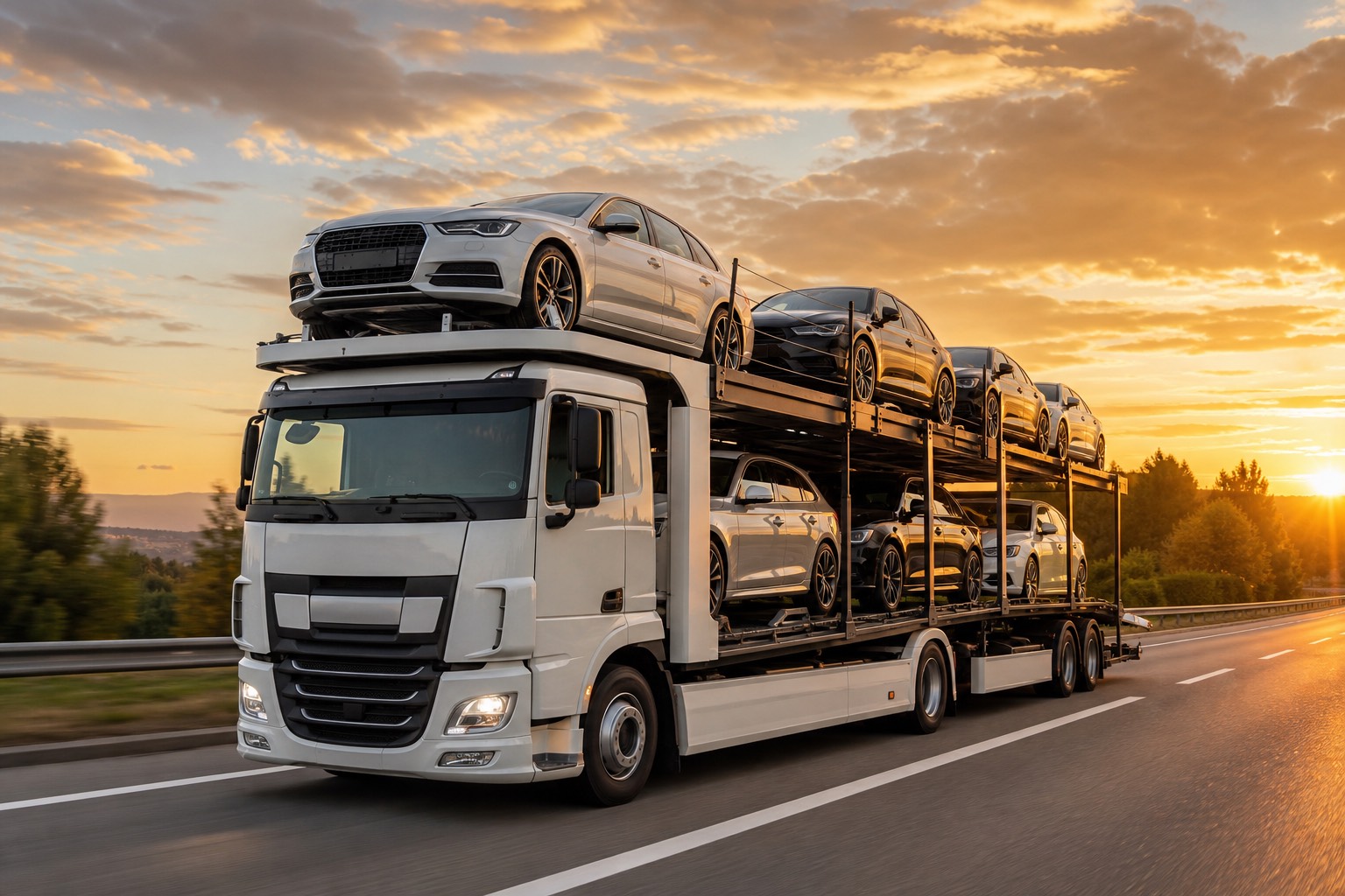 Autovežis su naujais automobiliais Europos greitkelyje saulėlydžio metu